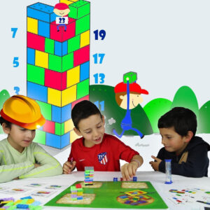 Niños jugando a Veintitrés, juego de cálculo y estrategia con números primos y torre de ladrillos de PLA